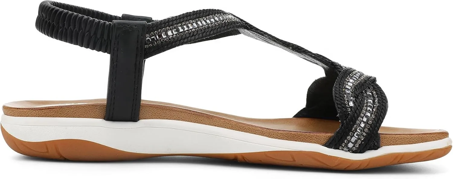 UBFEN Flat Sandals For Women Dressy Walking Comfortable Sandal With Rhinestone Braid Elastic Strap Summer Vacation
