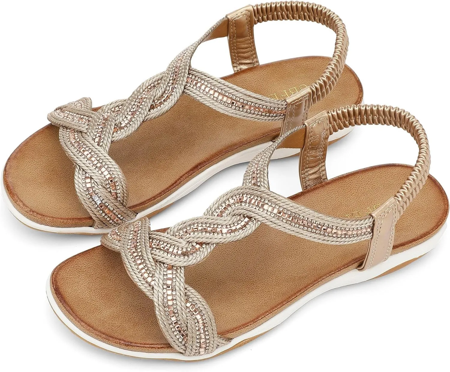 UBFEN Flat Sandals For Women Dressy Walking Comfortable Sandal With Rhinestone Braid Elastic Strap Summer Vacation