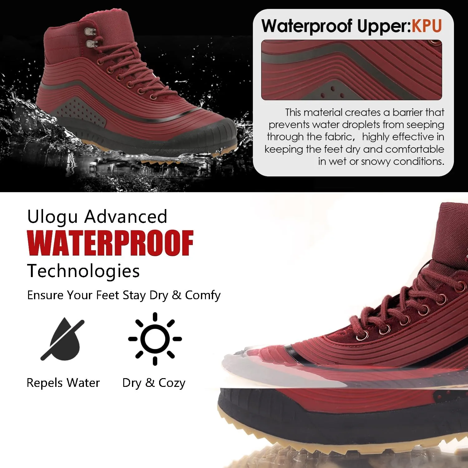 ulogu Snow Boots for Men Women丨Insulated Waterproof Fur Lined Booties丨Non Slip Lightweight Winter Shoes