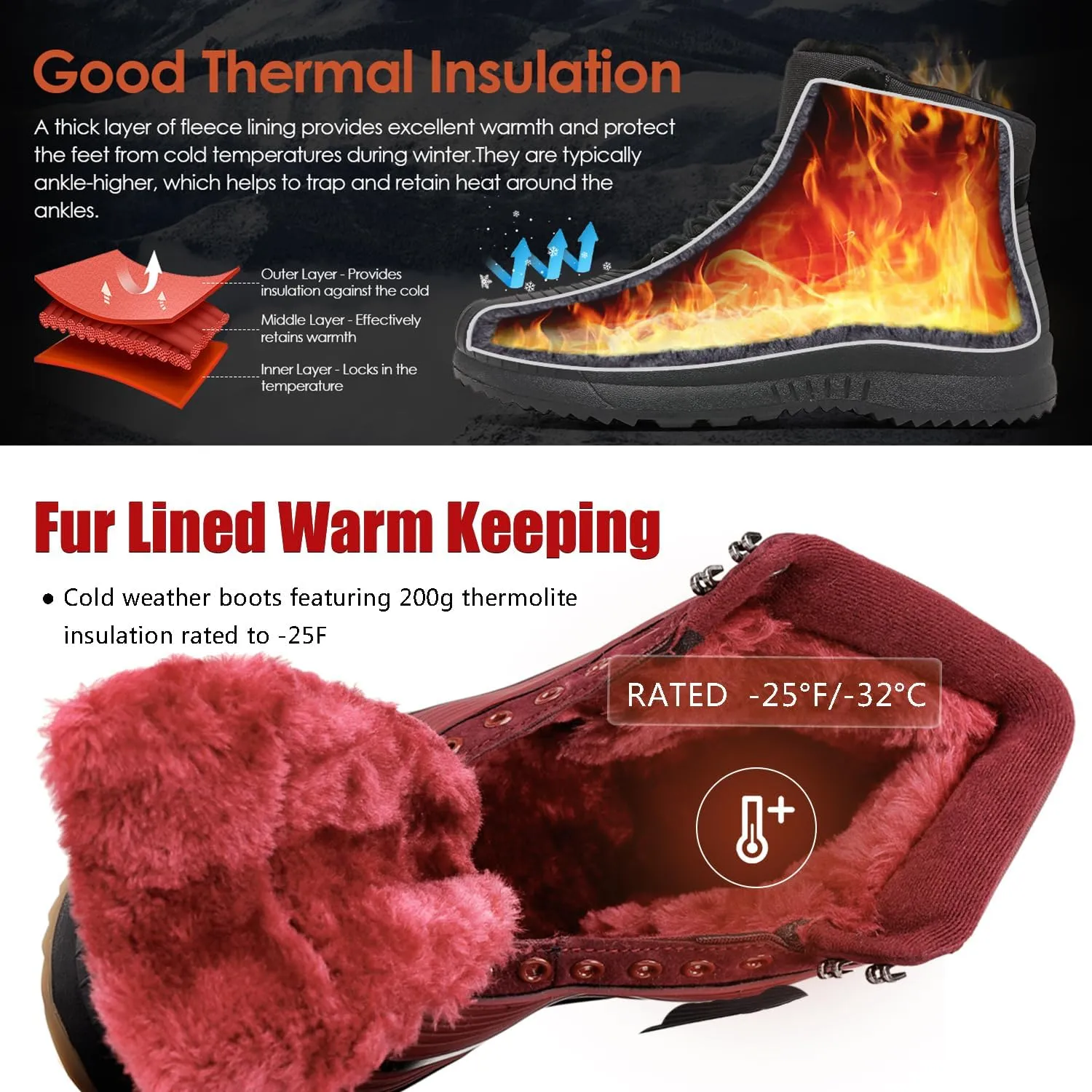 ulogu Snow Boots for Men Women丨Insulated Waterproof Fur Lined Booties丨Non Slip Lightweight Winter Shoes