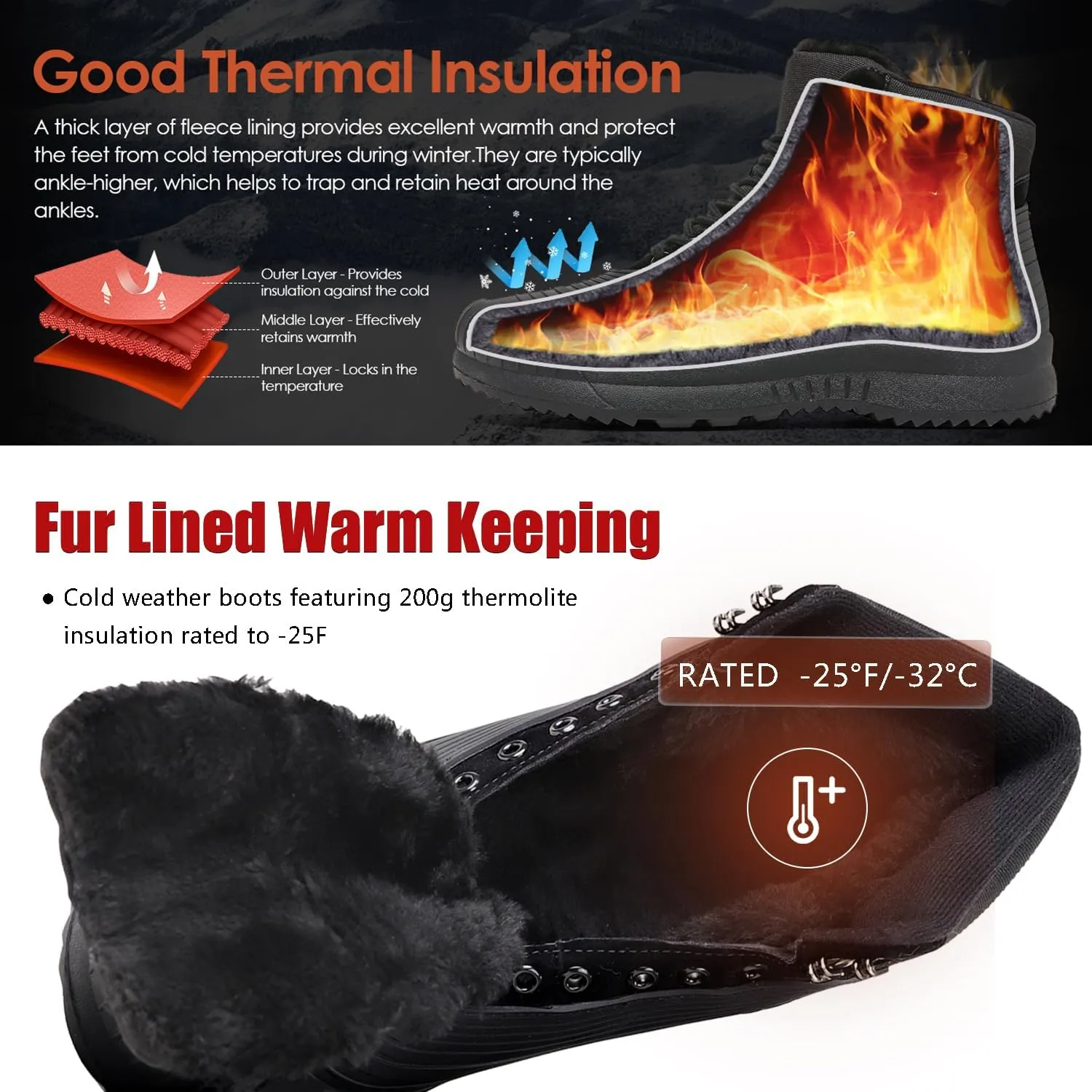 ulogu Snow Boots for Men Women丨Insulated Waterproof Fur Lined Booties丨Non Slip Lightweight Winter Shoes