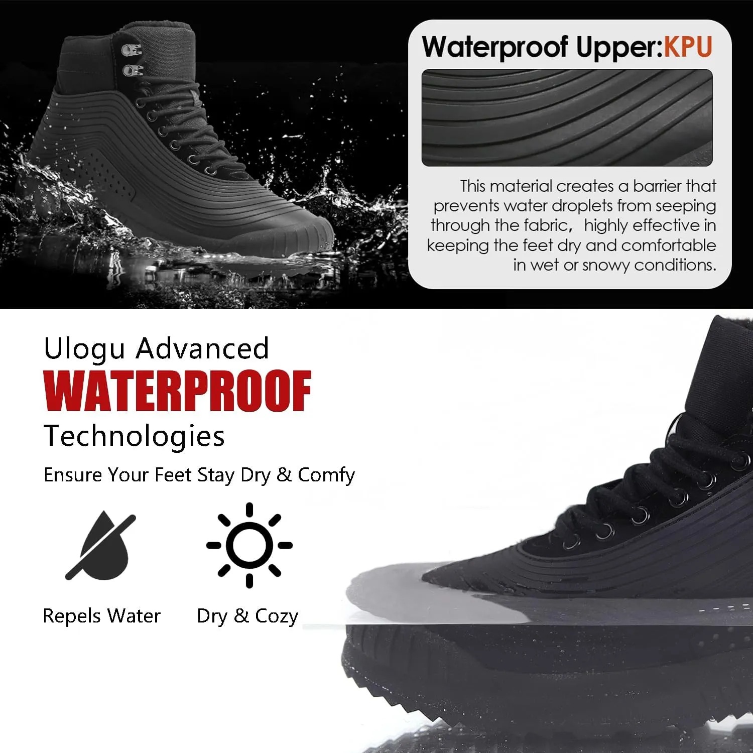 ulogu Snow Boots for Men Women丨Insulated Waterproof Fur Lined Booties丨Non Slip Lightweight Winter Shoes