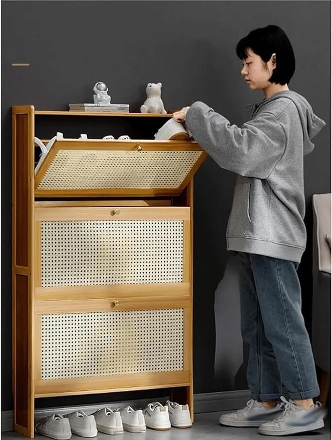 Ultra Thin Brown Shoe Cabinet Slim Flip Drawer Shoe Storage nizer for Sneakers Sandals Slippers Entryway Wood Shoe Rack (87 * 50 * 17)