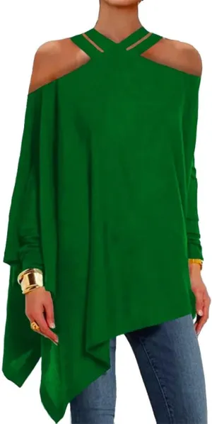 UOOZEE Women's Long Sleeve Cold Shoulder Asymmetrical Tunic Tops Oversized Flowy T Shirts