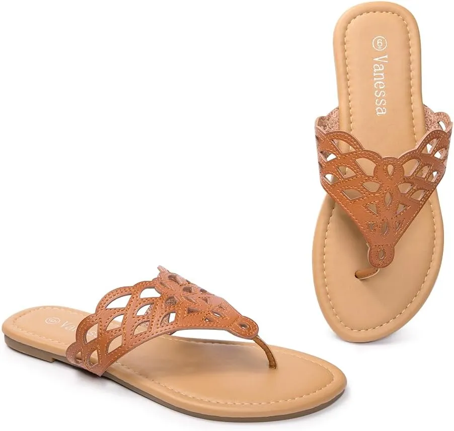 Vanessa Women's Thong Flat Sandals T-Strap Sandals Slip On Gladiator Slide Sandals Summer Beach Flip Flop
