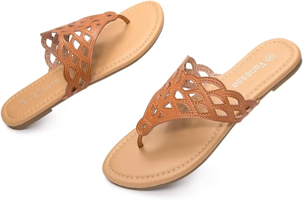 Vanessa Women's Thong Flat Sandals T-Strap Sandals Slip On Gladiator Slide Sandals Summer Beach Flip Flop
