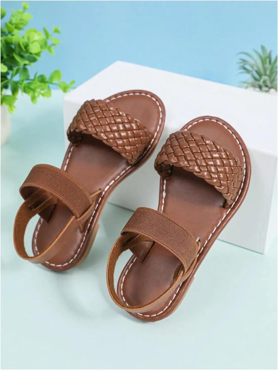 Verdusa Girl's Braided Woven Leather Sandals Ankle Strap Open Toe Flat Sandals