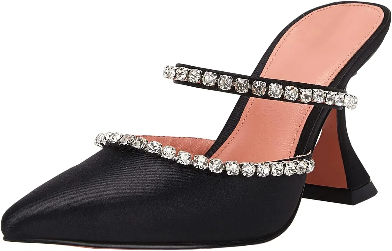 VETASTE Women's Pointed Toe Strappy Heels Crystal Satin Heeled Mules Wedding Party Shoes