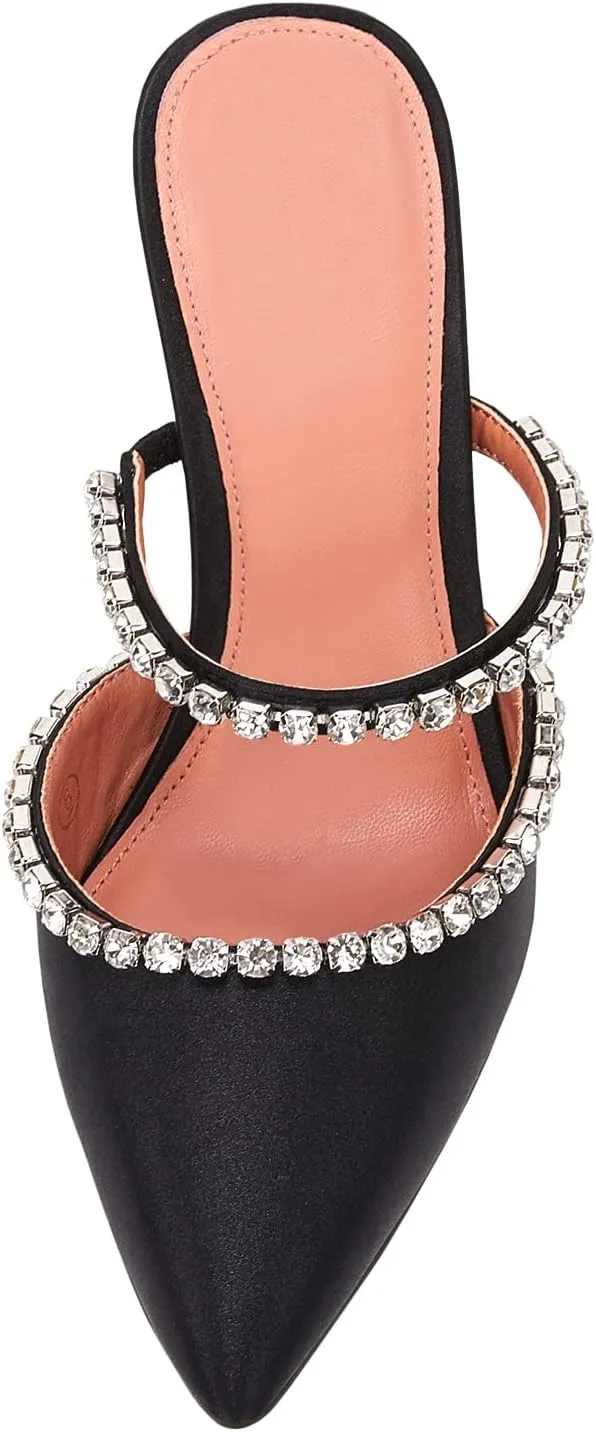 VETASTE Women's Pointed Toe Strappy Heels Crystal Satin Heeled Mules Wedding Party Shoes