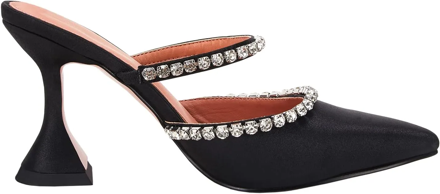 VETASTE Women's Pointed Toe Strappy Heels Crystal Satin Heeled Mules Wedding Party Shoes
