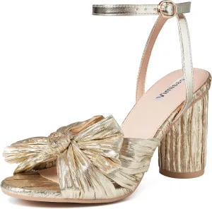 VIMISAOI Women's Bow Knot Heeled Sandals Open Toe High Block Chunky Heels Ankle Buckle Strap Pleated Bride Wedding Party Dress Shoes