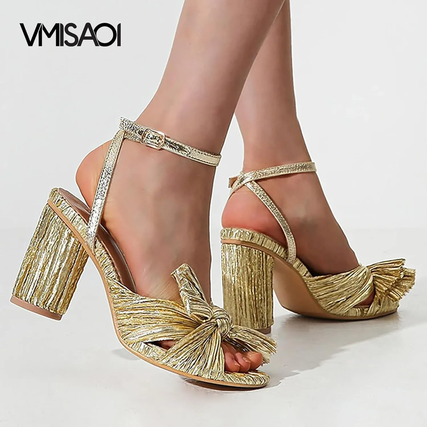 VIMISAOI Women's Bow Knot Heeled Sandals Open Toe High Block Chunky Heels Ankle Buckle Strap Pleated Bride Wedding Party Dress Shoes