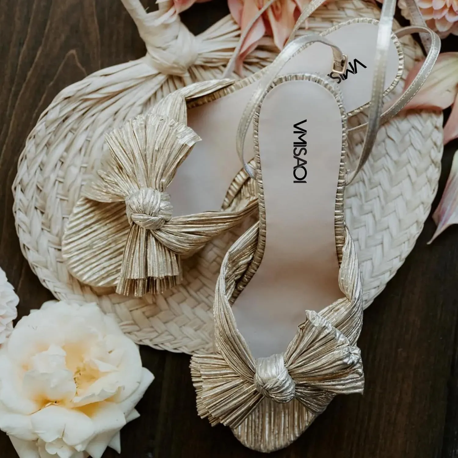 VIMISAOI Women's Bow Knot Heeled Sandals Open Toe High Block Chunky Heels Ankle Buckle Strap Pleated Bride Wedding Party Dress Shoes