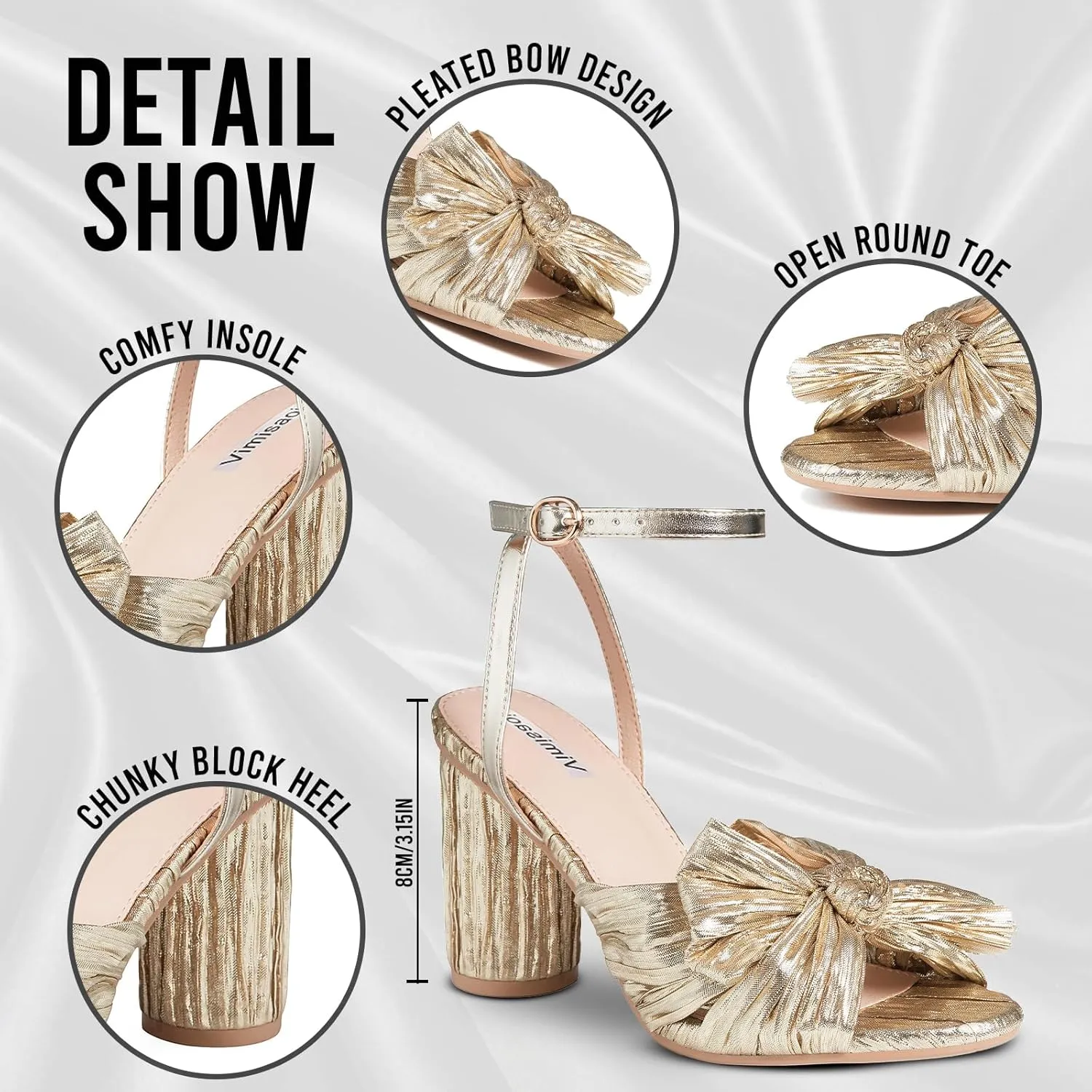 VIMISAOI Women's Bow Knot Heeled Sandals Open Toe High Block Chunky Heels Ankle Buckle Strap Pleated Bride Wedding Party Dress Shoes