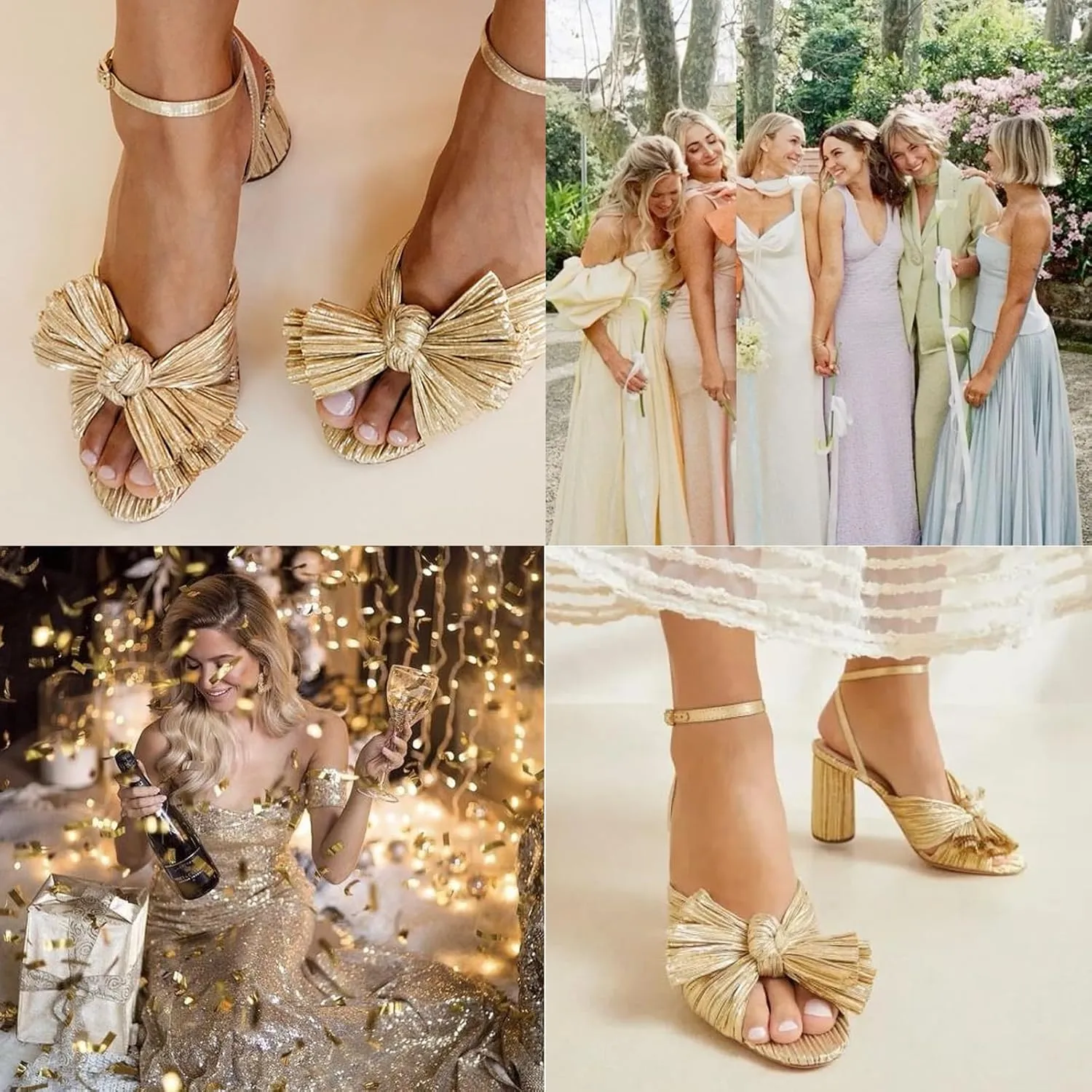 VIMISAOI Women's Bow Knot Heeled Sandals Open Toe High Block Chunky Heels Ankle Buckle Strap Pleated Bride Wedding Party Dress Shoes