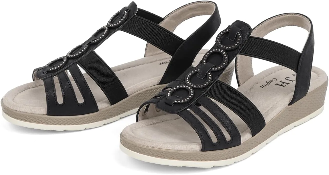 VJH confort Women’s Flat Sandals Comfortable Rhinestone Dressy sandals Elastic Open toe Low Wedge Sandals for Summer