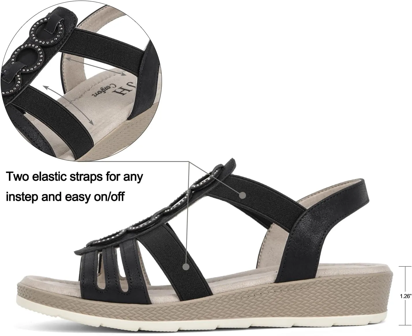 VJH confort Women’s Flat Sandals Comfortable Rhinestone Dressy sandals Elastic Open toe Low Wedge Sandals for Summer