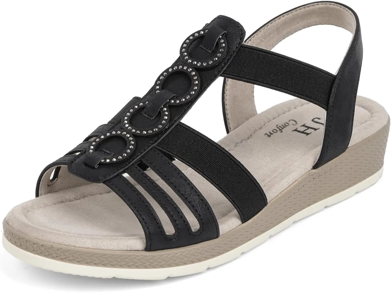 VJH confort Women’s Flat Sandals Comfortable Rhinestone Dressy sandals Elastic Open toe Low Wedge Sandals for Summer