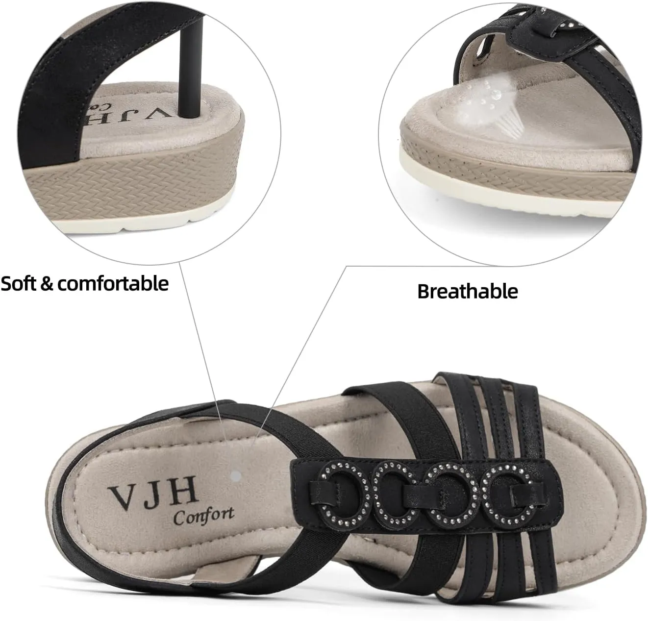 VJH confort Women’s Flat Sandals Comfortable Rhinestone Dressy sandals Elastic Open toe Low Wedge Sandals for Summer