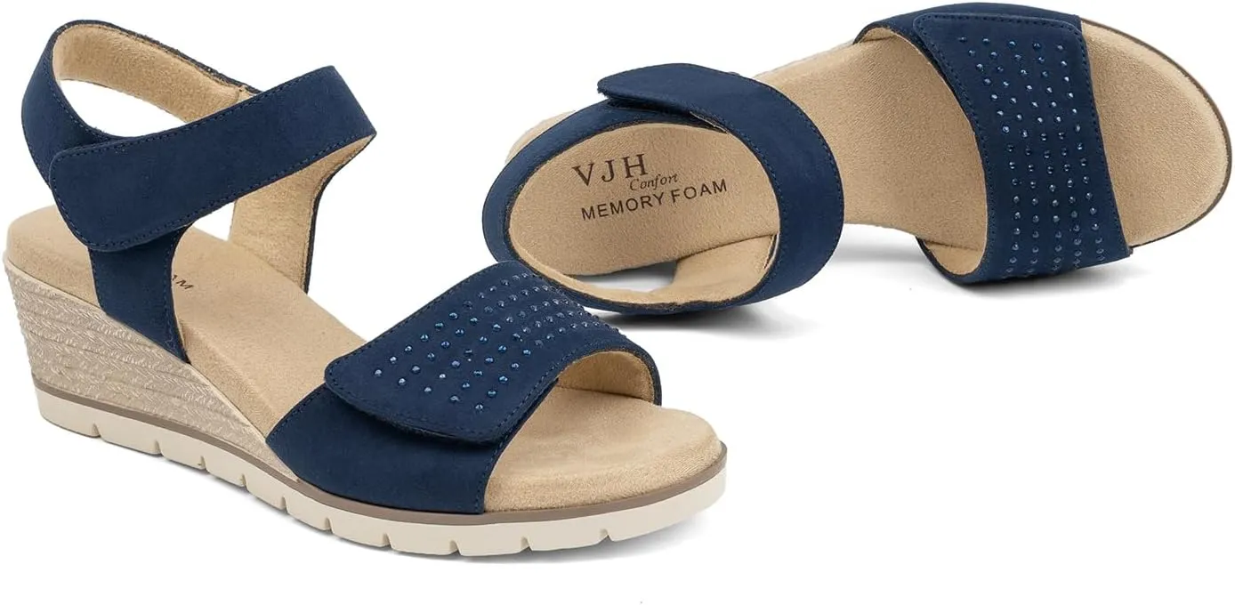 VJH confort Women's Wedge Sandals, Comfort Memory Foam Rhinestone Sandal with Adjustable straps
