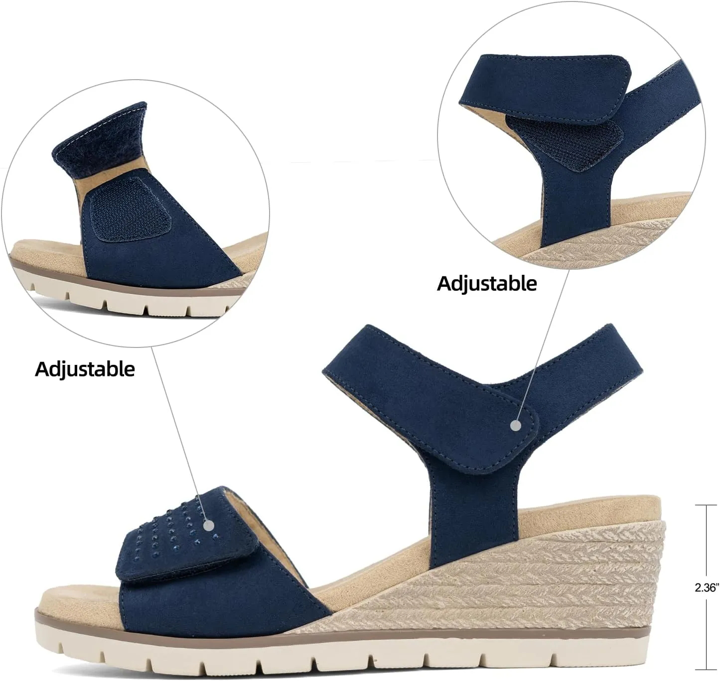 VJH confort Women's Wedge Sandals, Comfort Memory Foam Rhinestone Sandal with Adjustable straps