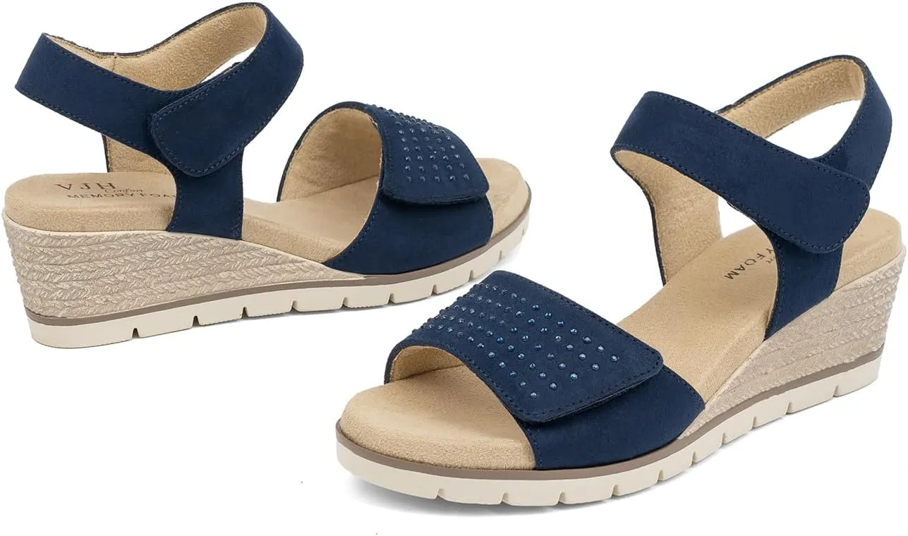 VJH confort Women's Wedge Sandals, Comfort Memory Foam Rhinestone Sandal with Adjustable straps