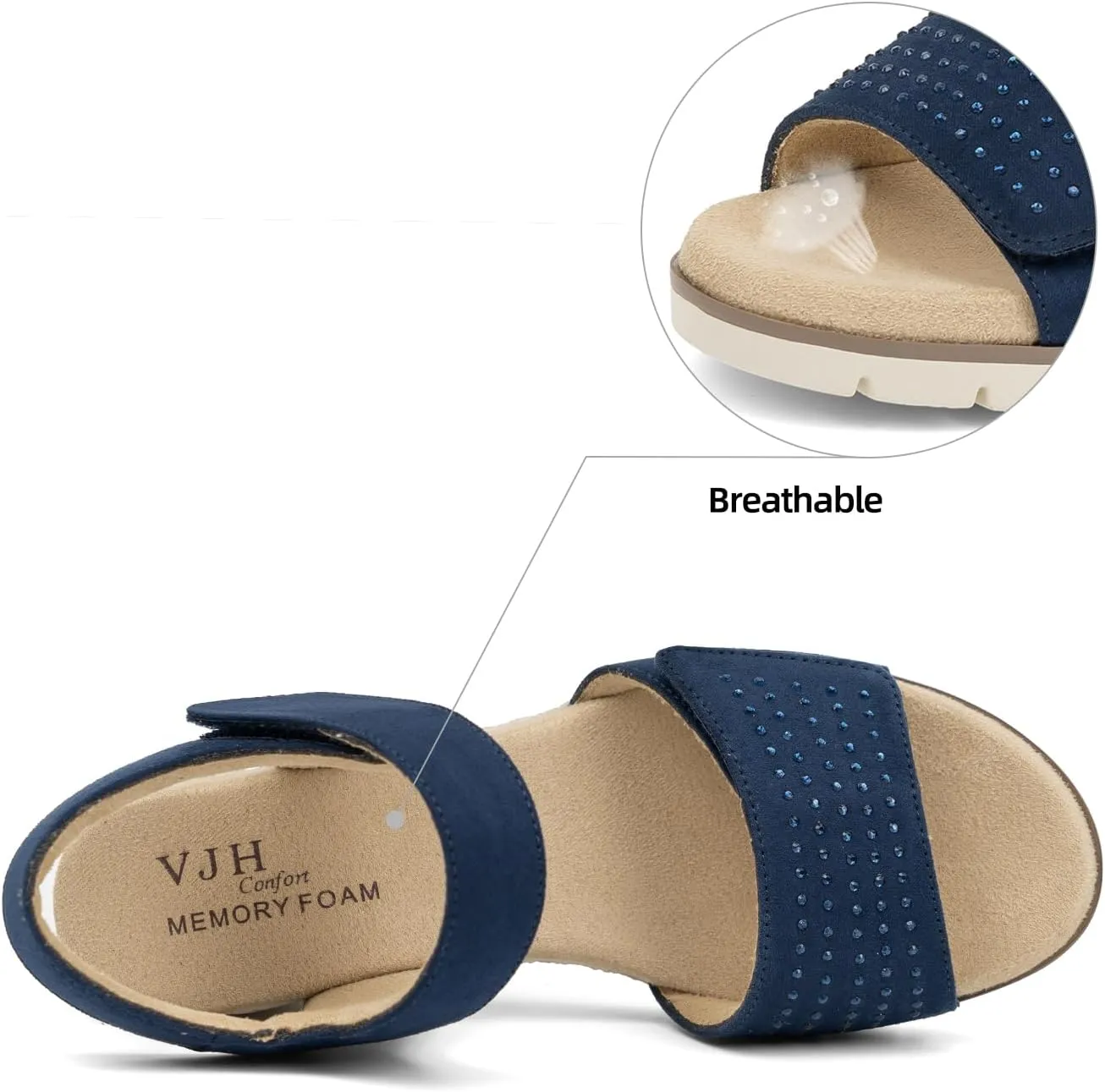 VJH confort Women's Wedge Sandals, Comfort Memory Foam Rhinestone Sandal with Adjustable straps
