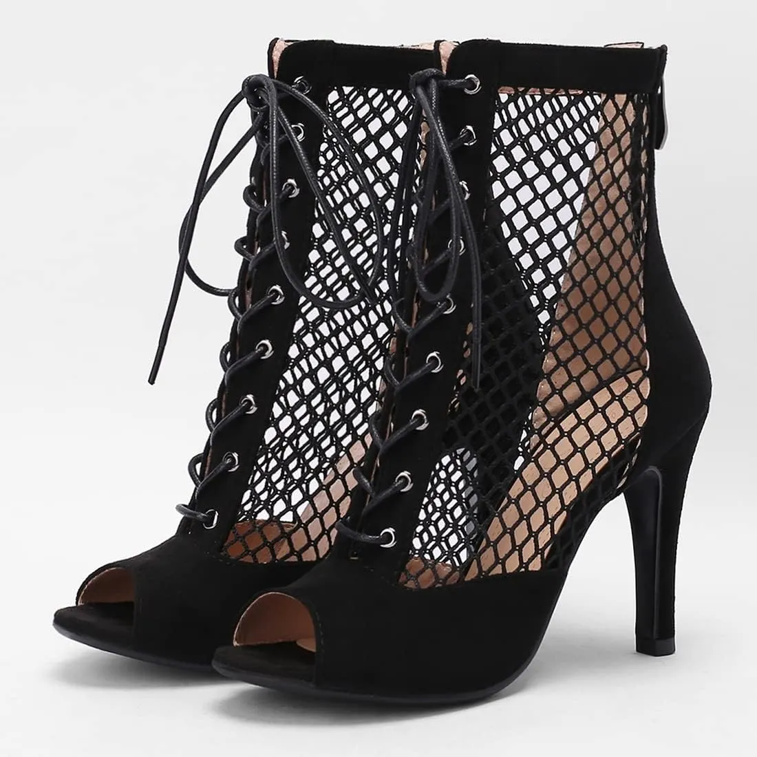 VOKLIN Women's Peep Toe Stilettos High Heel Sandals Fashion Sexy Lace Up Zip Dress Pump Shoes Ankle Booties