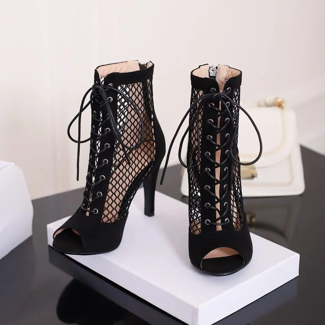 VOKLIN Women's Peep Toe Stilettos High Heel Sandals Fashion Sexy Lace Up Zip Dress Pump Shoes Ankle Booties