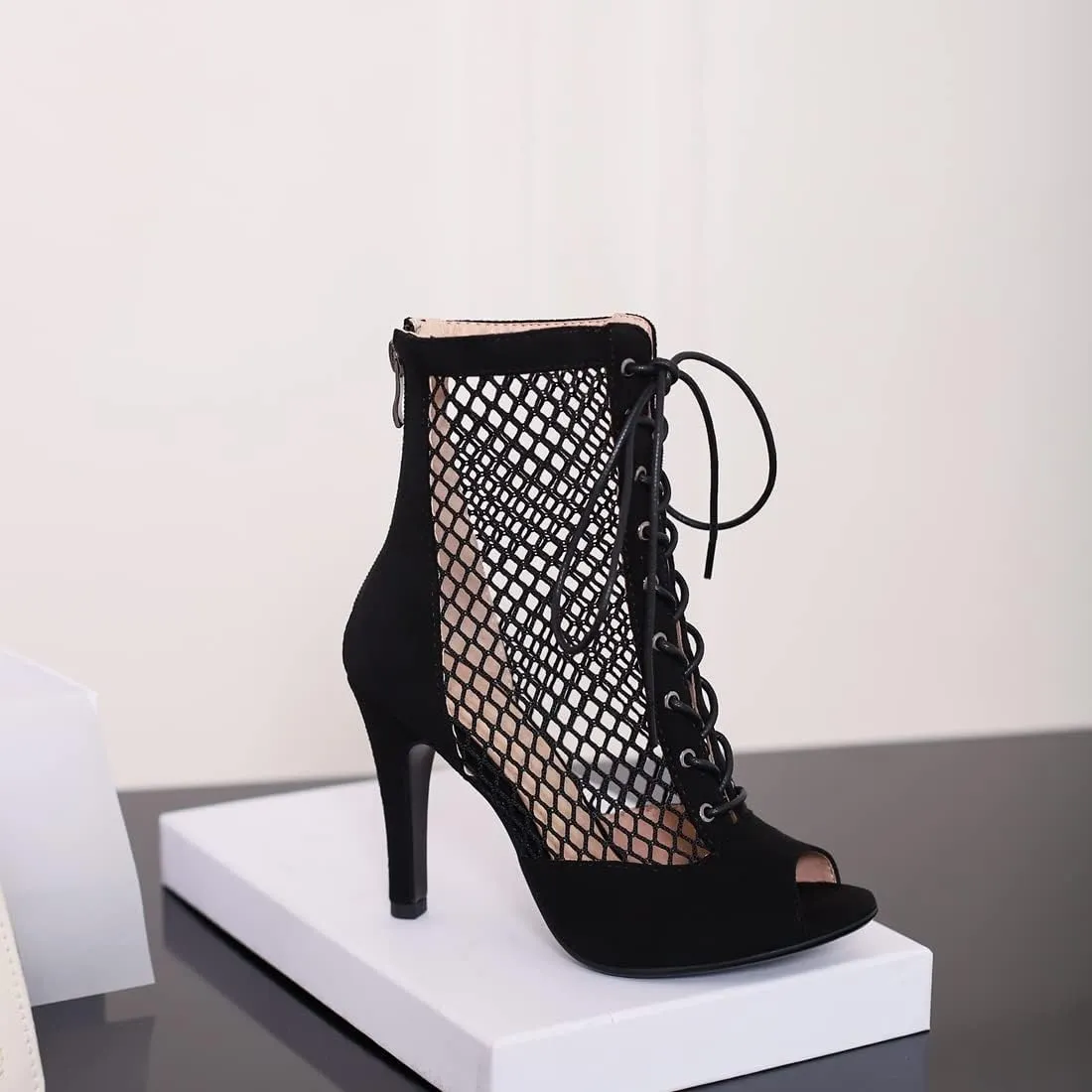 VOKLIN Women's Peep Toe Stilettos High Heel Sandals Fashion Sexy Lace Up Zip Dress Pump Shoes Ankle Booties