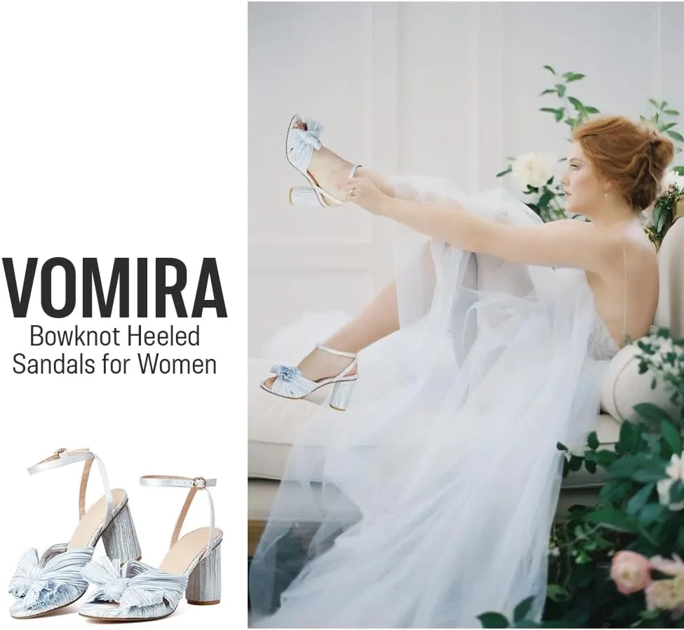VOMIRA Bow Heels for Women Pleated Bowknot Heeled Sandals Summer Open Toe Ankle Buckle Strap Bridal Wedding Sandals
