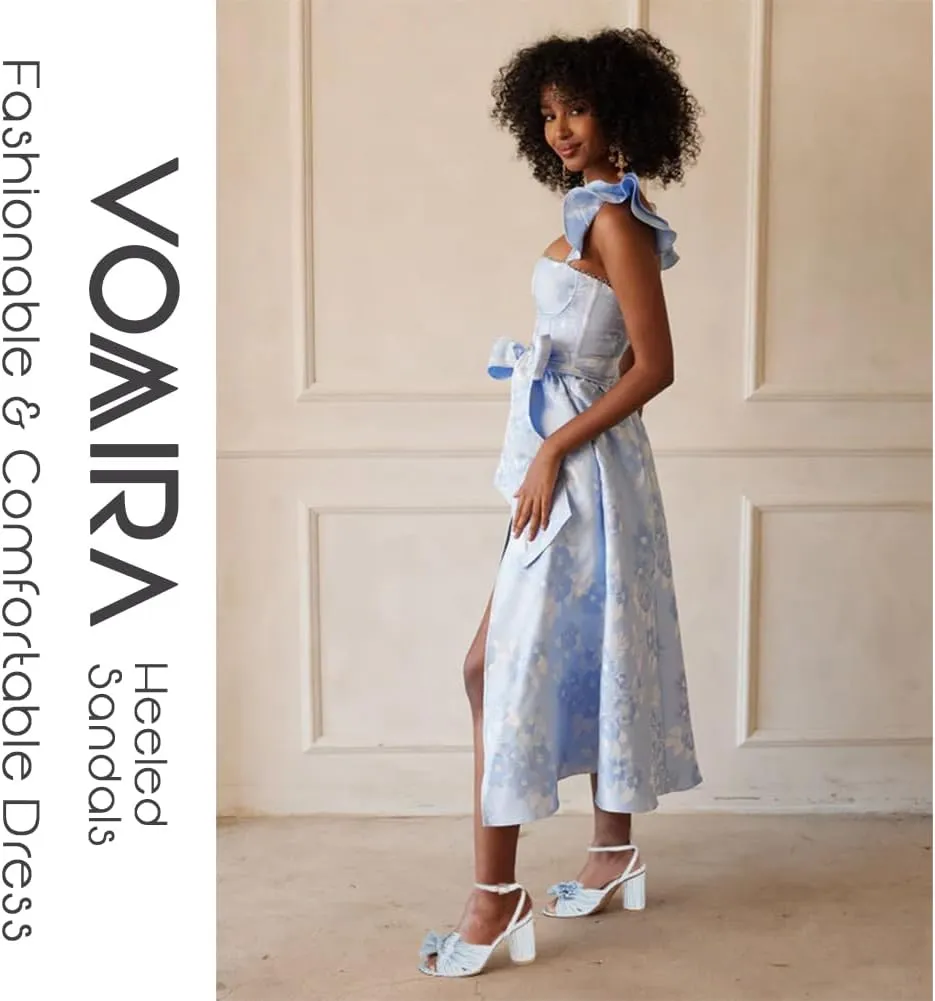 VOMIRA Bow Heels for Women Pleated Bowknot Heeled Sandals Summer Open Toe Ankle Buckle Strap Bridal Wedding Sandals