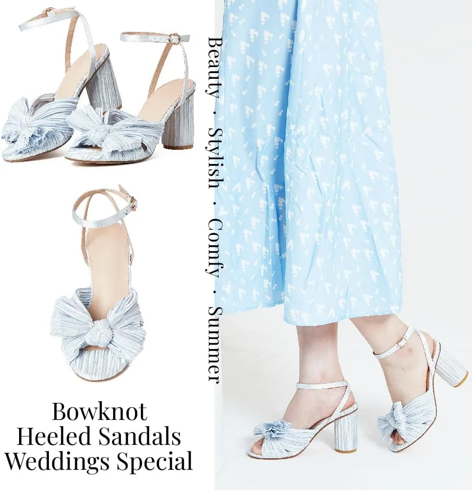 VOMIRA Bow Heels for Women Pleated Bowknot Heeled Sandals Summer Open Toe Ankle Buckle Strap Bridal Wedding Sandals