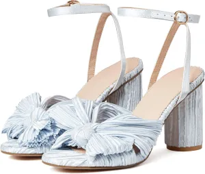 VOMIRA Bow Heels for Women Pleated Bowknot Heeled Sandals Summer Open Toe Ankle Buckle Strap Bridal Wedding Sandals