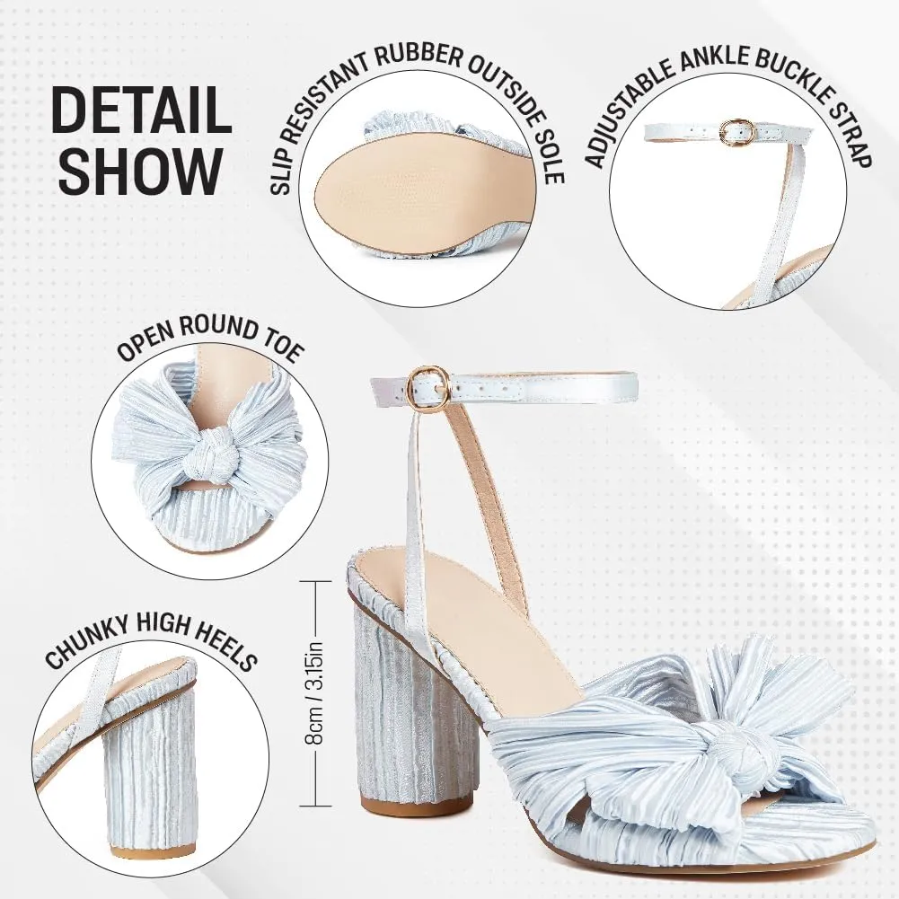 VOMIRA Bow Heels for Women Pleated Bowknot Heeled Sandals Summer Open Toe Ankle Buckle Strap Bridal Wedding Sandals