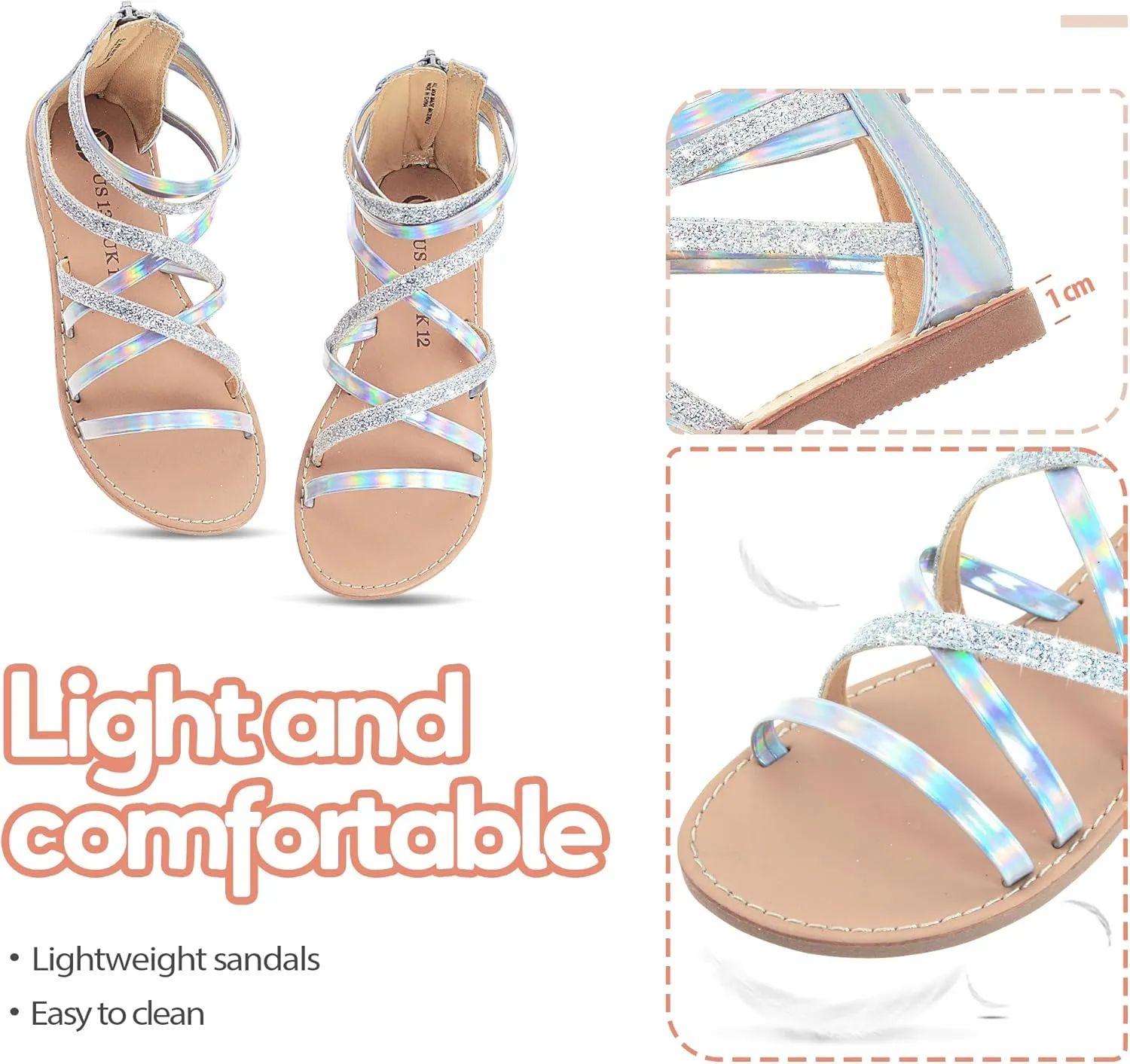 Vonair Girls Sandals Strappy Gladiator with Zipper Comfort Summer Shoes