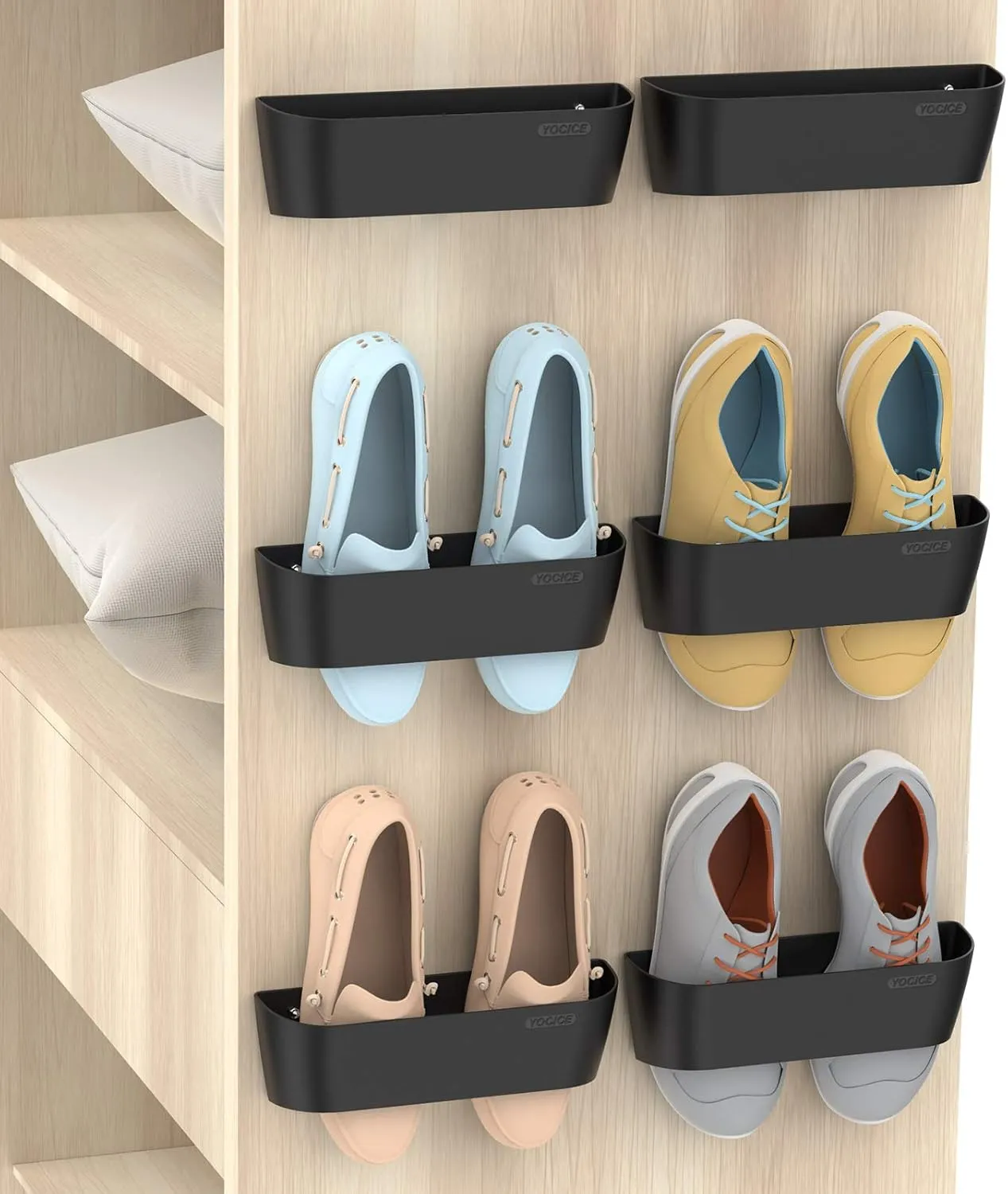 Wall Mounted Shoes Rack 6Pack with Sticky Hanging Strips, Plastic Shoes Holder Storage Organizer,Door Shoe Hangers (SM03-Black-6)
