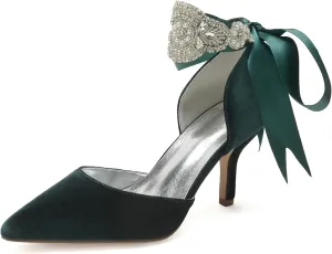 Wedding Bridal Pointed Toe Womens High Heel Shoes Ankle Buckle Pumps Rhinestones Heeled Bowknot Court Sandals Evening Party Dress,Dark Green,7