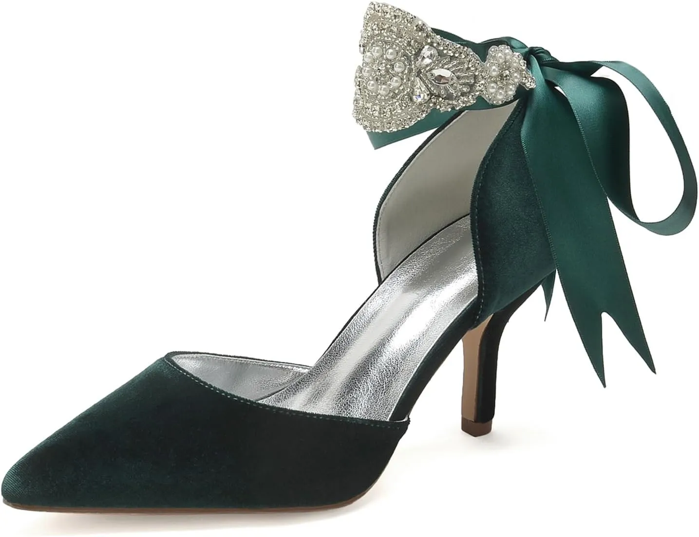 Wedding Bridal Pointed Toe Womens High Heel Shoes Ankle Buckle Pumps Rhinestones Heeled Bowknot Court Sandals Evening Party Dress,Dark Green,7