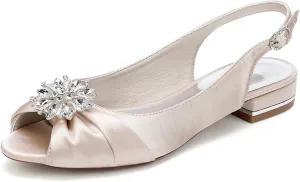Wedding Dress Shoes Womens Slip on Low Heel Peep Toe Slingback Bridal Shoes Satin Flat Rhinestones Sandals with Pleated Evenging Party Work