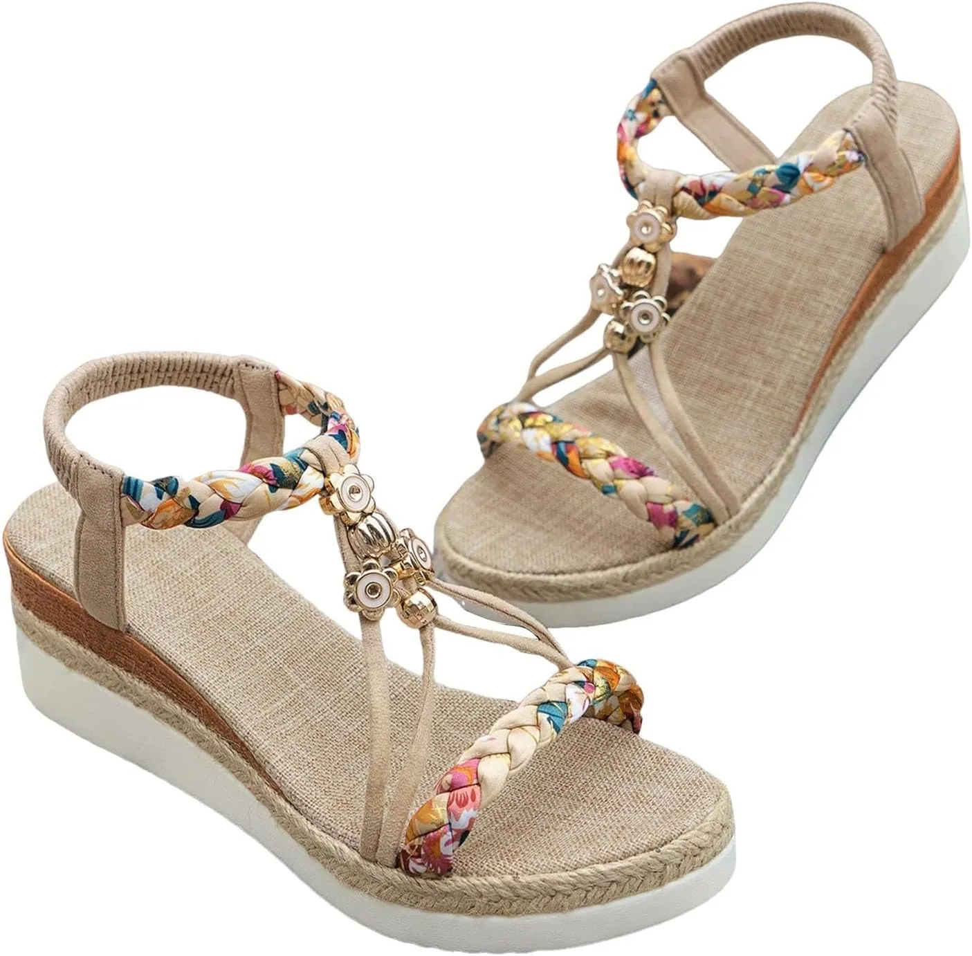 Wedge Sandals for Women 2025 Ankle Elastic Bohemian Espadrille Sandals Platform Rhinestone Flower Open Toe Low Heel Dressy Shoes Beach Vacation Non-Slip Walking Shoes