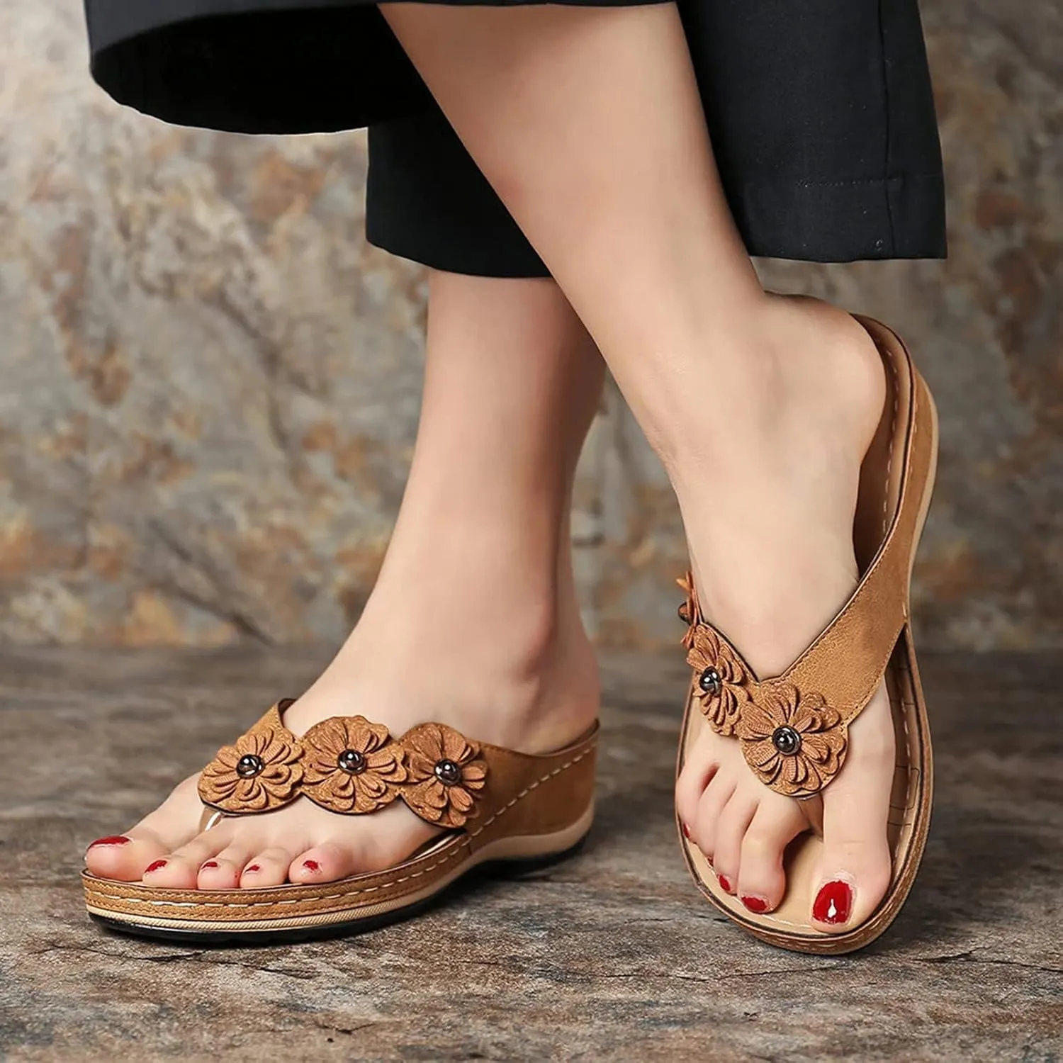 Wedge Sandals for Women Orthopedic Sandals with Arch Support Casual Walking Thong Sandals Open Toe Flip Flops