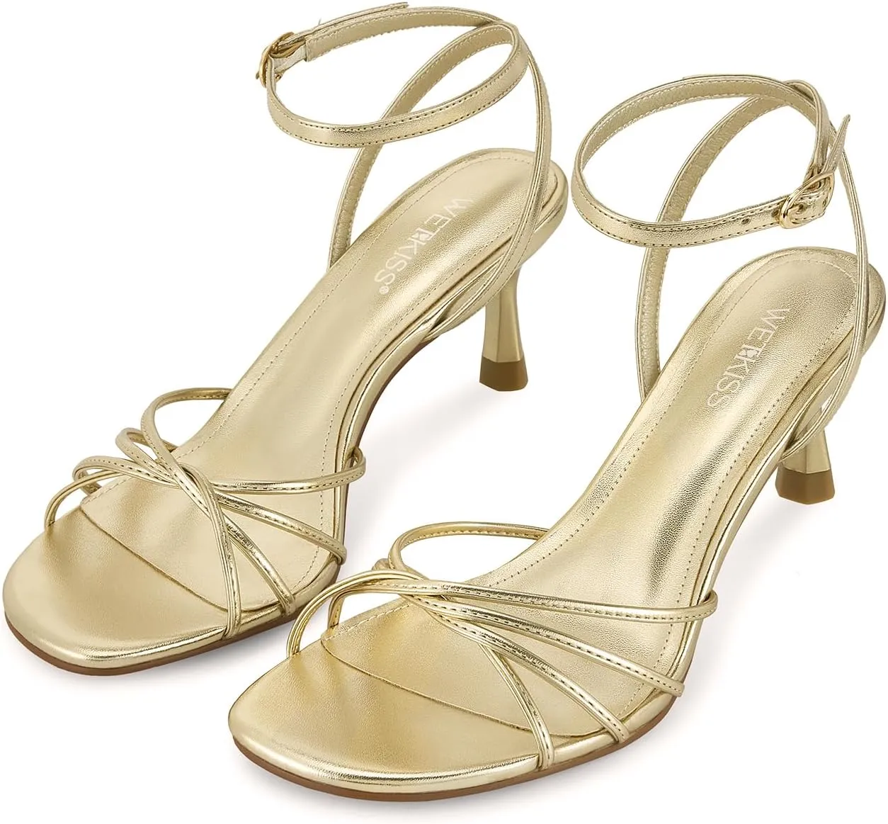 wetkiss Womens Sandals Round Open Toe Kitten Heels Adjustable Ankle Strap Low Heels Heeled Sandals for Women Summer Dress Shoes
