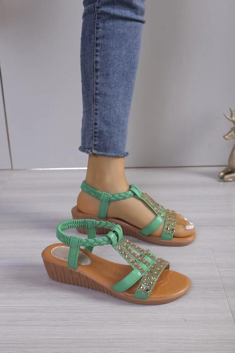 Wide Width Sandals for Women, 2025 Green Sandals for Women Dressy Summer Comfortable Open Toe Flip Flops Rhinestone Beaded Bohemia Beach Shoes Slip On Dressy Flat with 2PCS Heart Shape Anklet