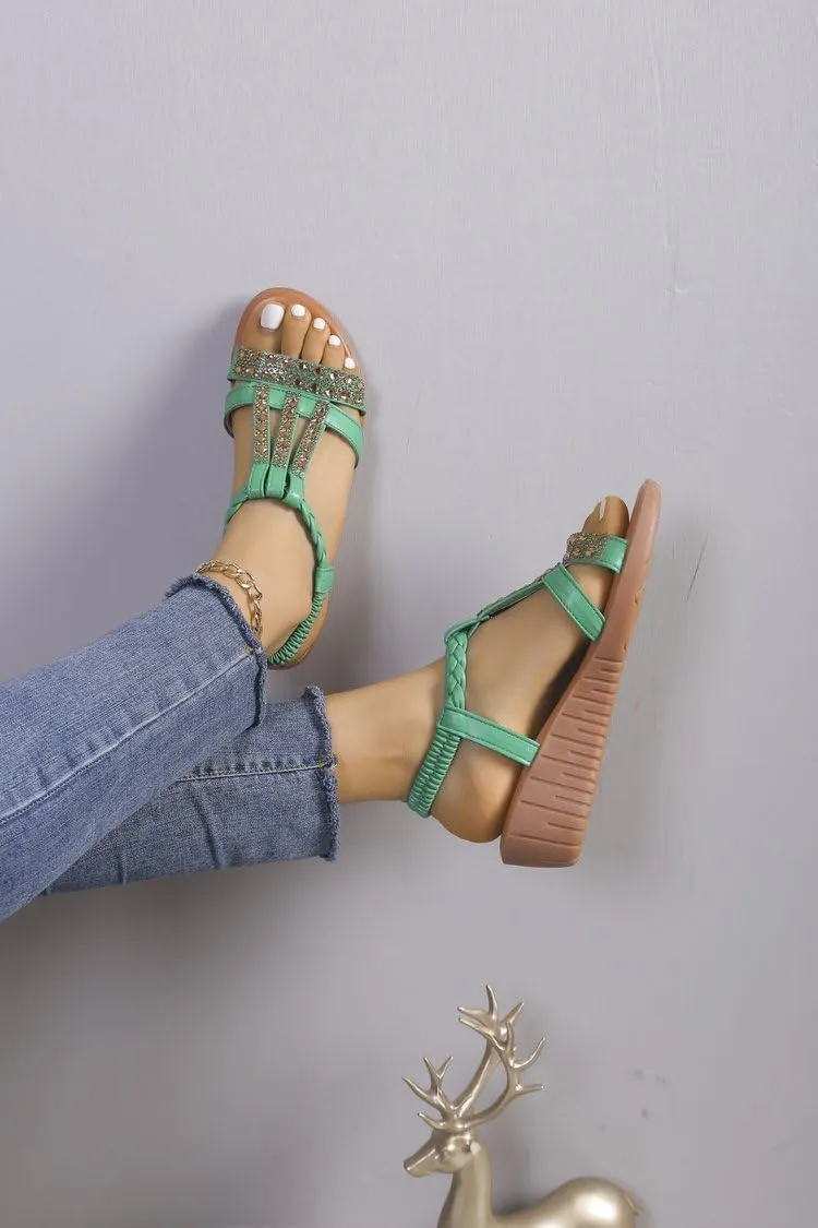 Wide Width Sandals for Women, 2025 Green Sandals for Women Dressy Summer Comfortable Open Toe Flip Flops Rhinestone Beaded Bohemia Beach Shoes Slip On Dressy Flat with 2PCS Heart Shape Anklet