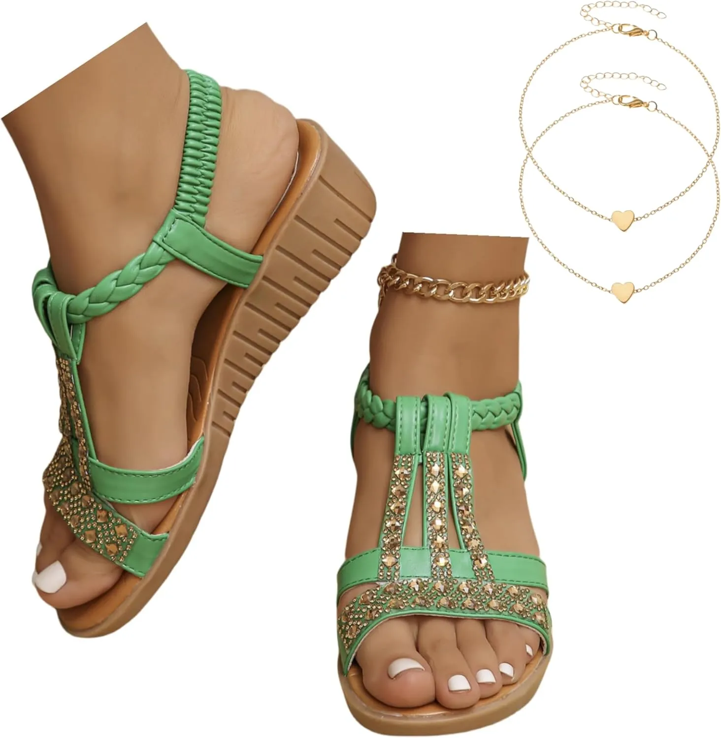 Wide Width Sandals for Women, 2025 Green Sandals for Women Dressy Summer Comfortable Open Toe Flip Flops Rhinestone Beaded Bohemia Beach Shoes Slip On Dressy Flat with 2PCS Heart Shape Anklet