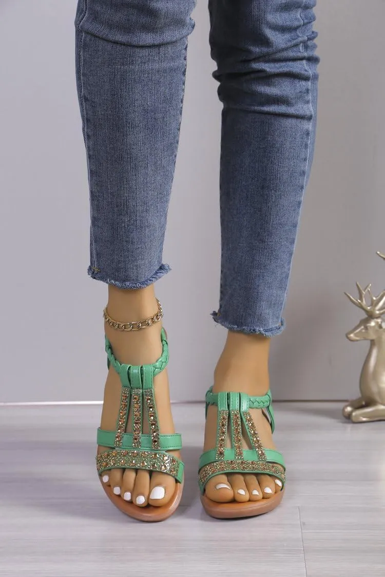 Wide Width Sandals for Women, 2025 Green Sandals for Women Dressy Summer Comfortable Open Toe Flip Flops Rhinestone Beaded Bohemia Beach Shoes Slip On Dressy Flat with 2PCS Heart Shape Anklet