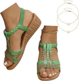 Wide Width Sandals for Women, 2025 Green Sandals for Women Dressy Summer Comfortable Open Toe Flip Flops Rhinestone Beaded Bohemia Beach Shoes Slip On Dressy Flat with 2PCS Heart Shape Anklet