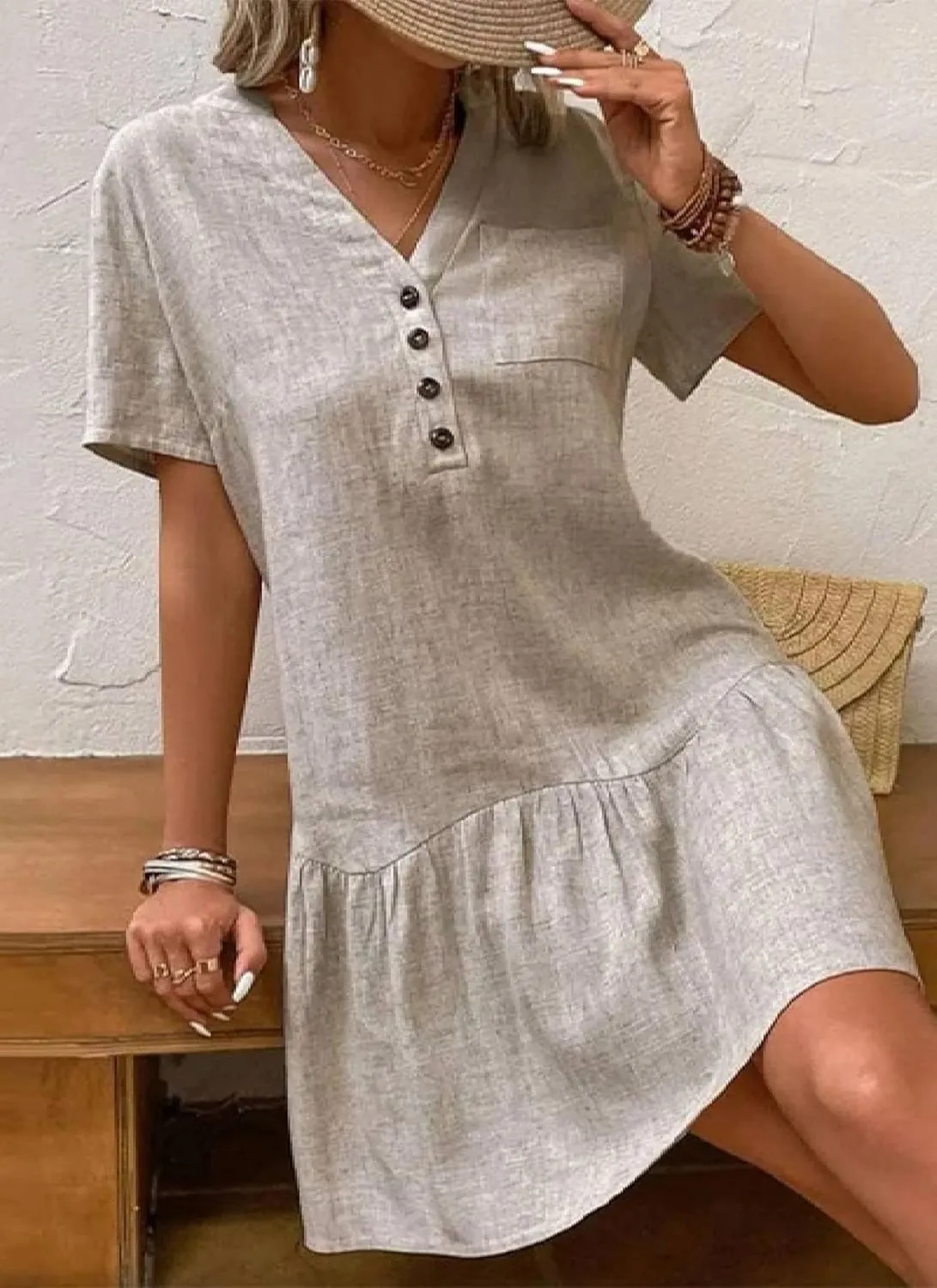 Women 2025 Summer Causal Simple Brown V Neck Short Sleeve Solid Color Ruffle A-Line Going Out Beach Mini Dress