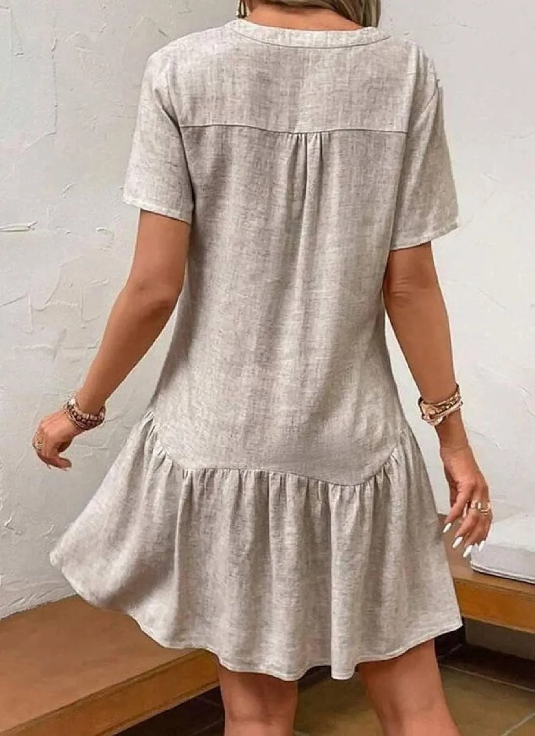 Women 2025 Summer Causal Simple Brown V Neck Short Sleeve Solid Color Ruffle A-Line Going Out Beach Mini Dress